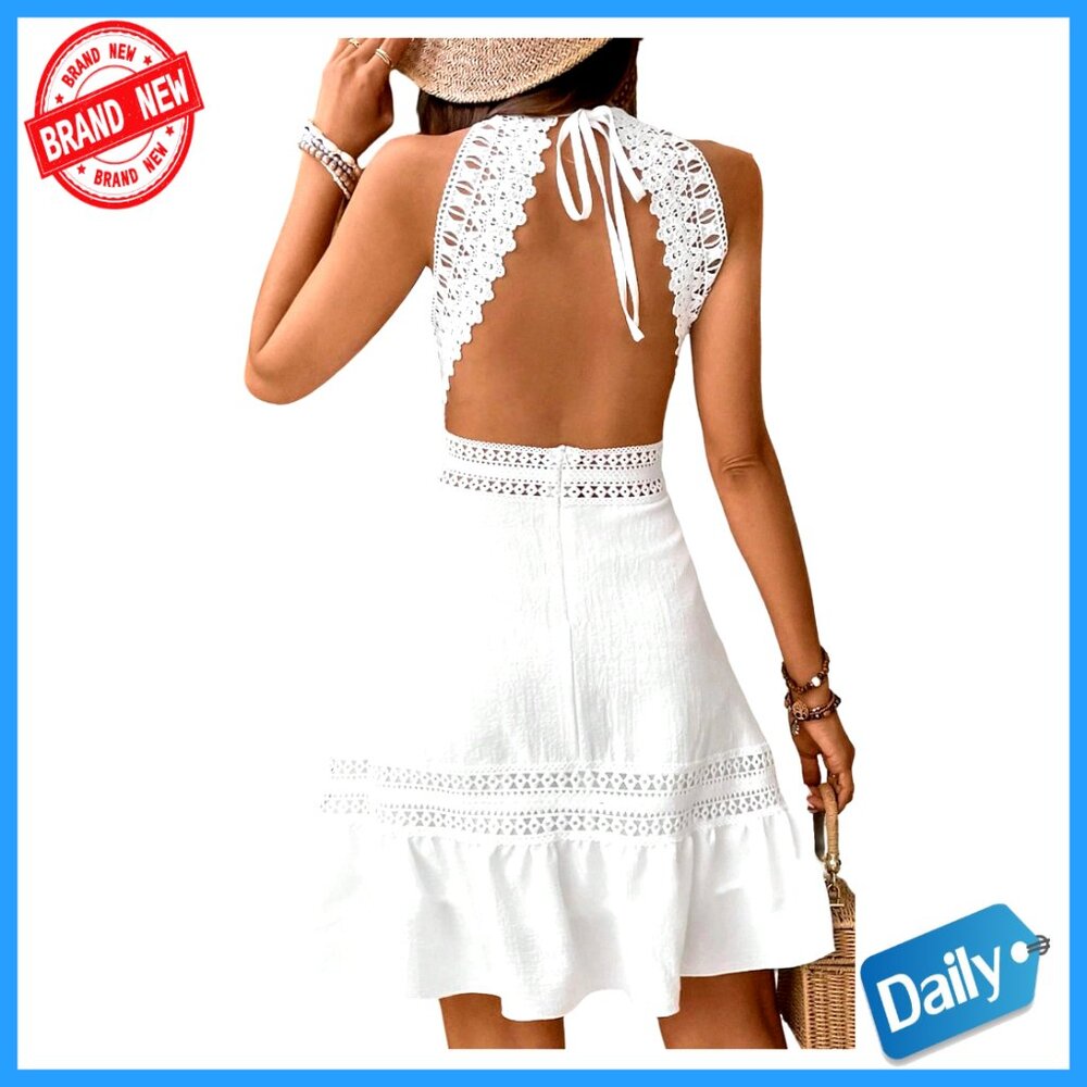 Sleeveless Halter Backless A-Line Dress, Lace Detail, Regular Fit